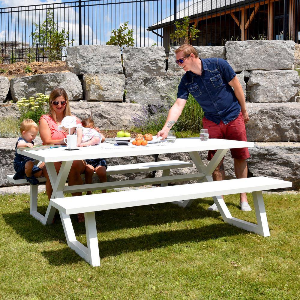 None Banquet White Rectangle Aluminum Picnic Table with Attached Bench Seating