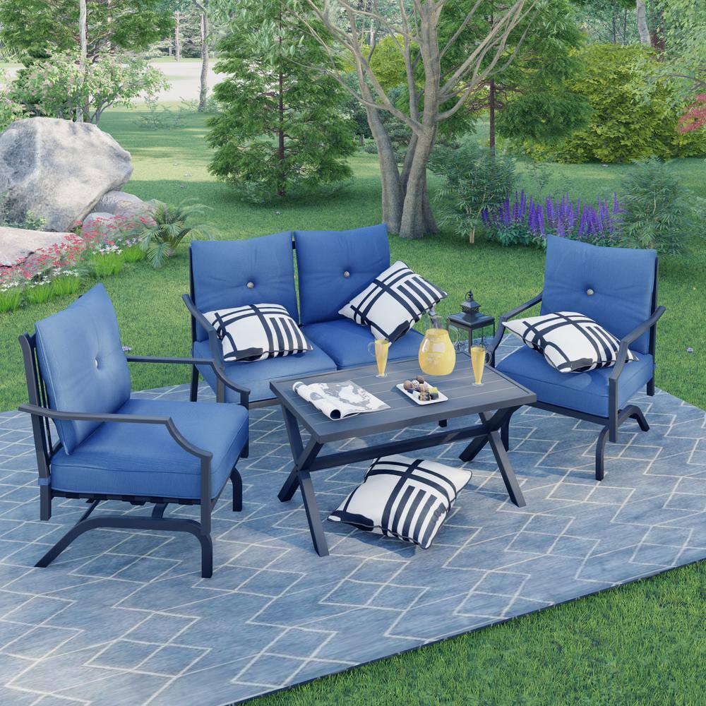 TOP HOME SPACE 4-Piece Metal Patio Conversation Set with Blue Cushions