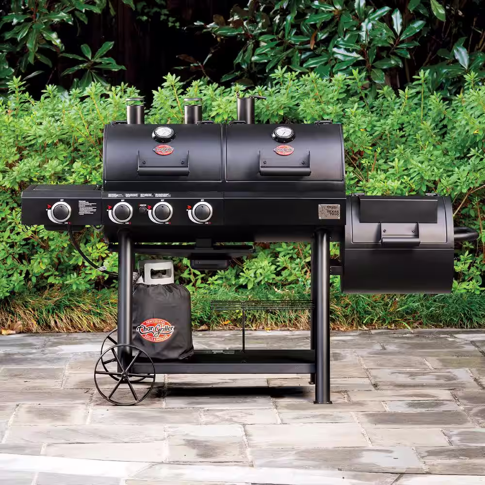 Char-Griller Texas Trio 4-Burner Dual Fuel Grill with Smoker in Black