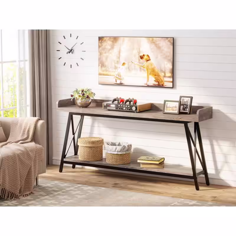 BYBLIGHT TurrellaÂ 70.9 in. Gray Rectangle Engineered Wood Console Table, Extra Long Sofa Table with 2-Tier Shelf