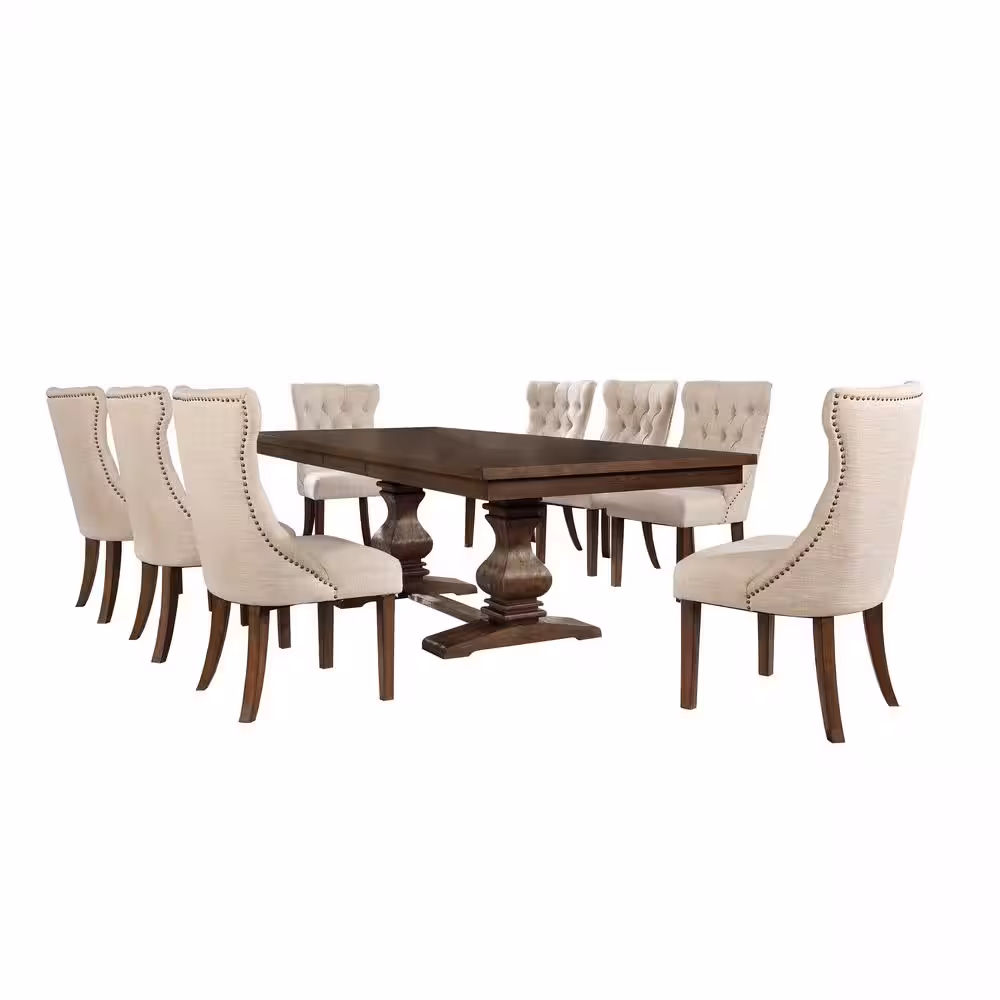 None Karol 9-Piece Rectangular Wood Top Dining Table Set Beige Linen Fabric Chairs