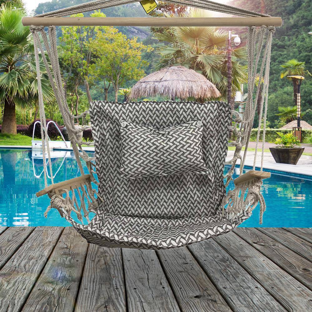 None 2.5 ft. Hammock Chair with Wooden Armrests in Navy with White Rings