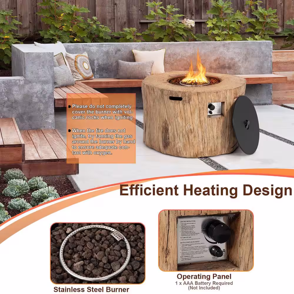 None 40 in. Stone Metal Round Propane Gas Fire Pit Table Wood-Like Surface with Laval Rock PVC Cover