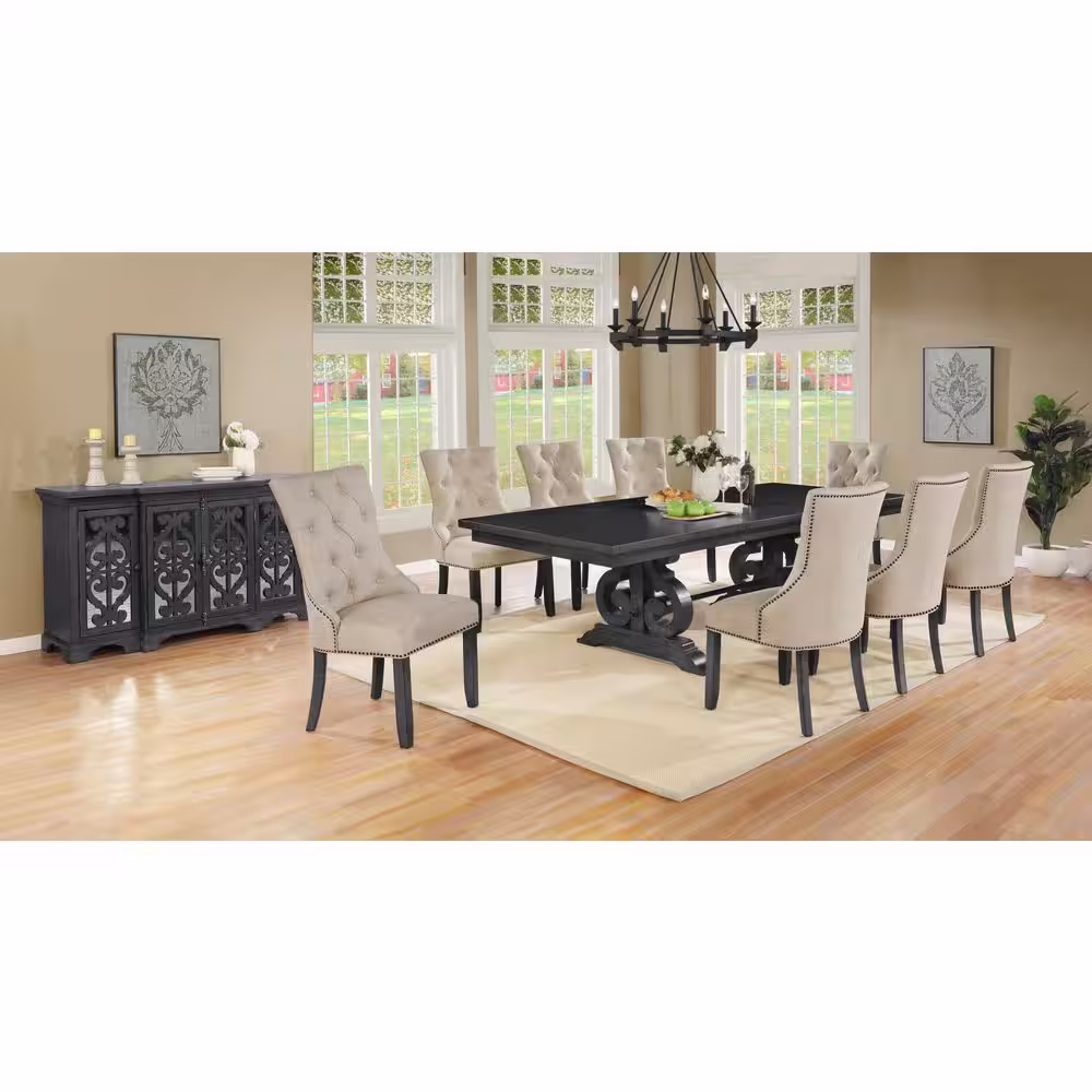 None Jade 10-Piece Rectangle Gray Dining Set with Beige Linen Fabric and Server