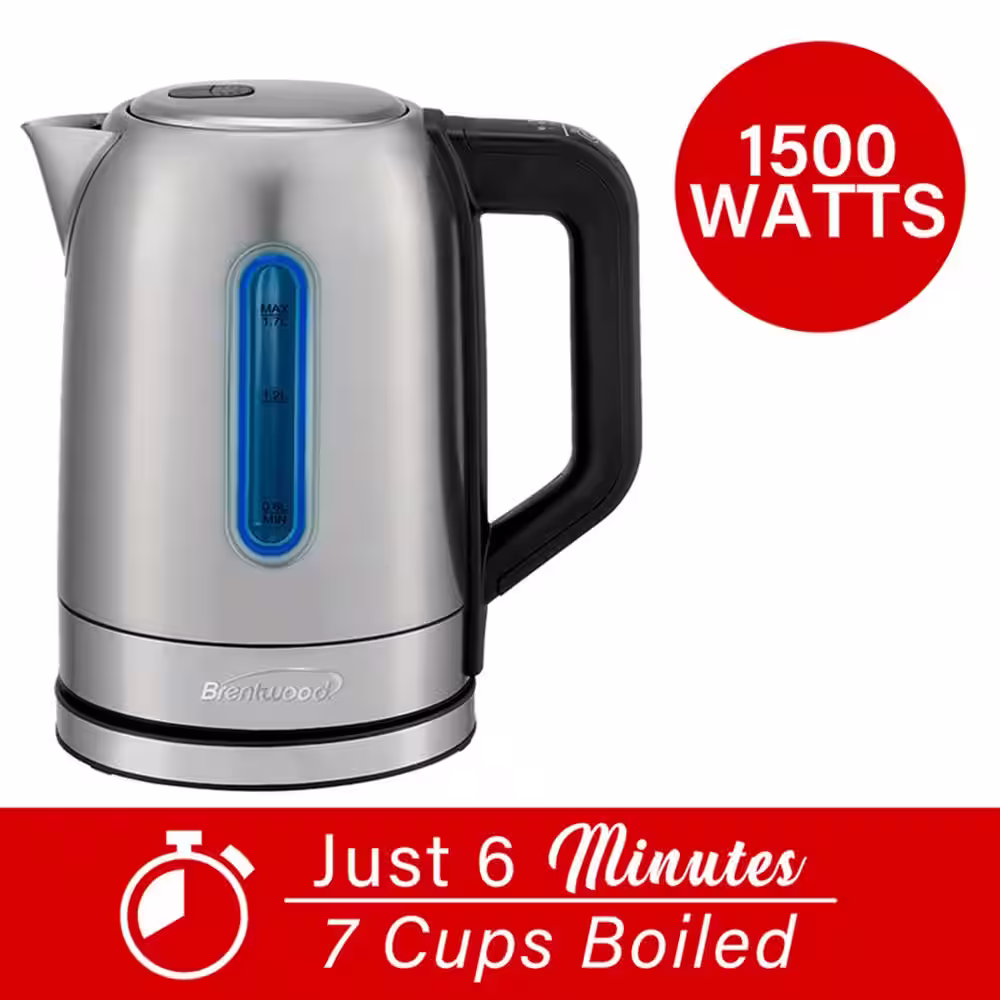 Brentwood 1500-Watt Silver Stainless Steel 1.7 L 7-Cups Electric Kettle with 5 Temperature Presets