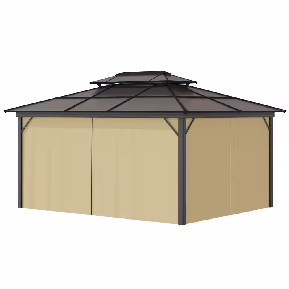 Outsunny 15 ft. x 11 ft. Beige Patio Gazebo with Hardtop Canopy, Double Vented Roof, Netting, Curtains