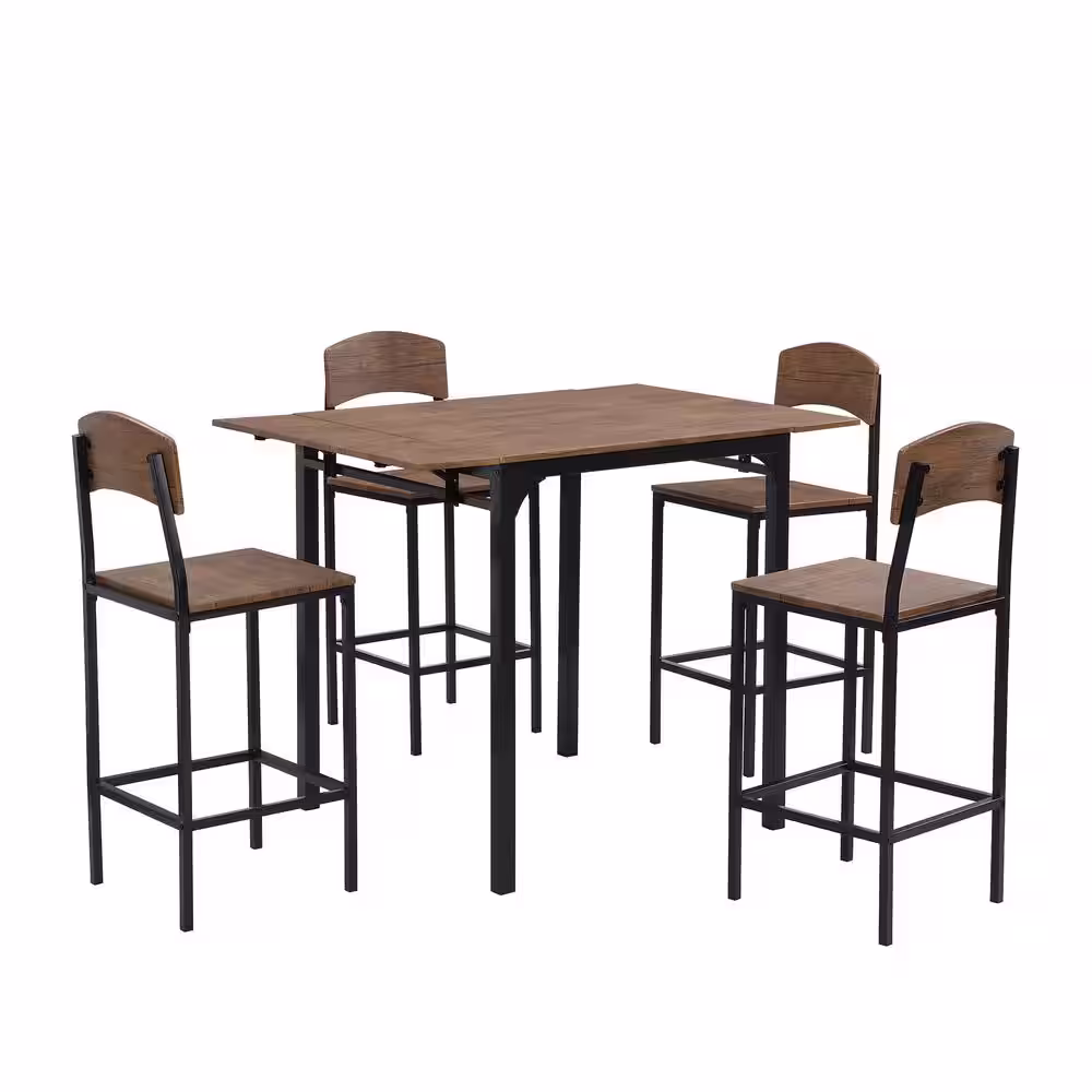 Harper & Bright Designs 5-Piece Drop Leaf Rectangle Brown Wood Top Black Dining Room Set Seats 4