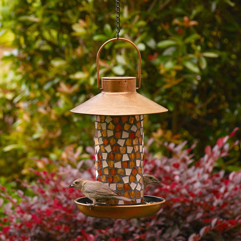 Smart Solar Adelie Mosaic Glass and Distressed Copper Bird Feeder with Integrated LED Solar Powered Light