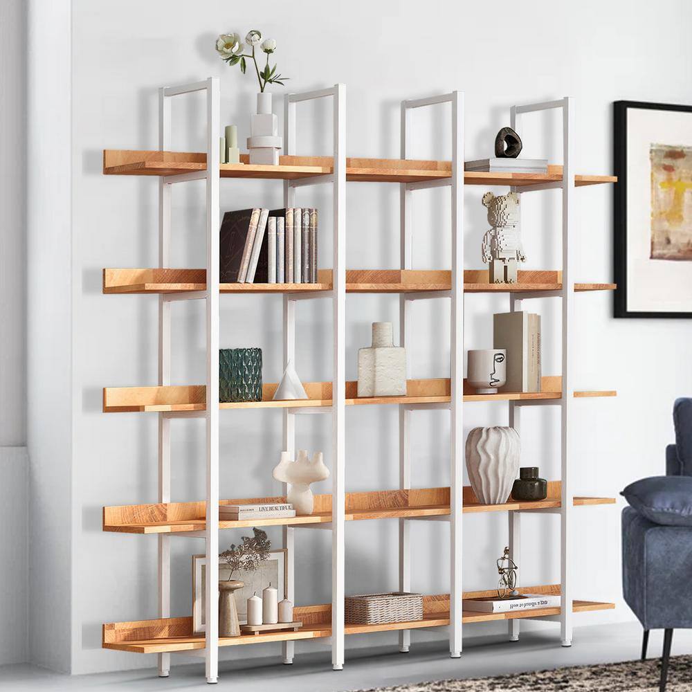 Siavonce 11.81 in. W x 70.90 in. H x 70.90 in. D Brown+White 5 Tier Metal Frame Bookcase Home Office Open MDF Board Bookshelf