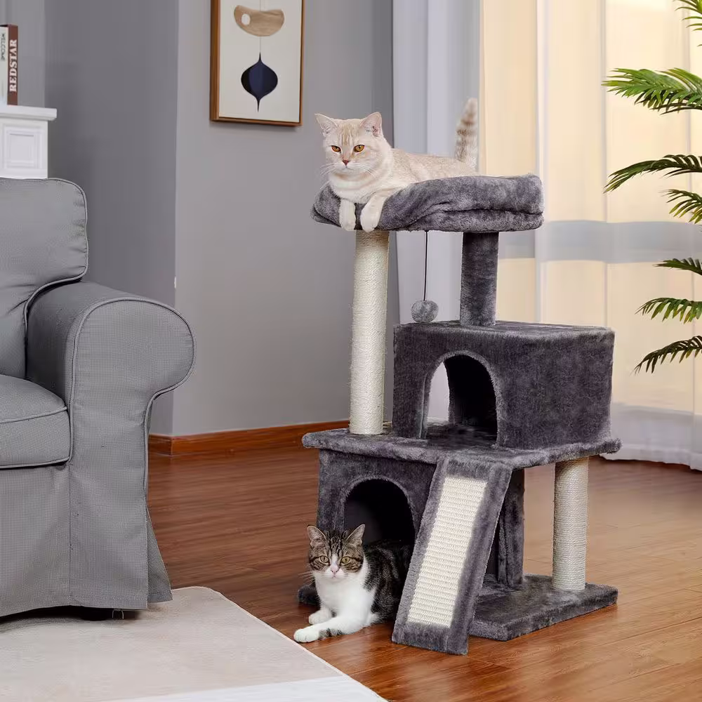 None Cat Tree Luxury 34 in. Cat Tower with Double Condos, Spacious Perch