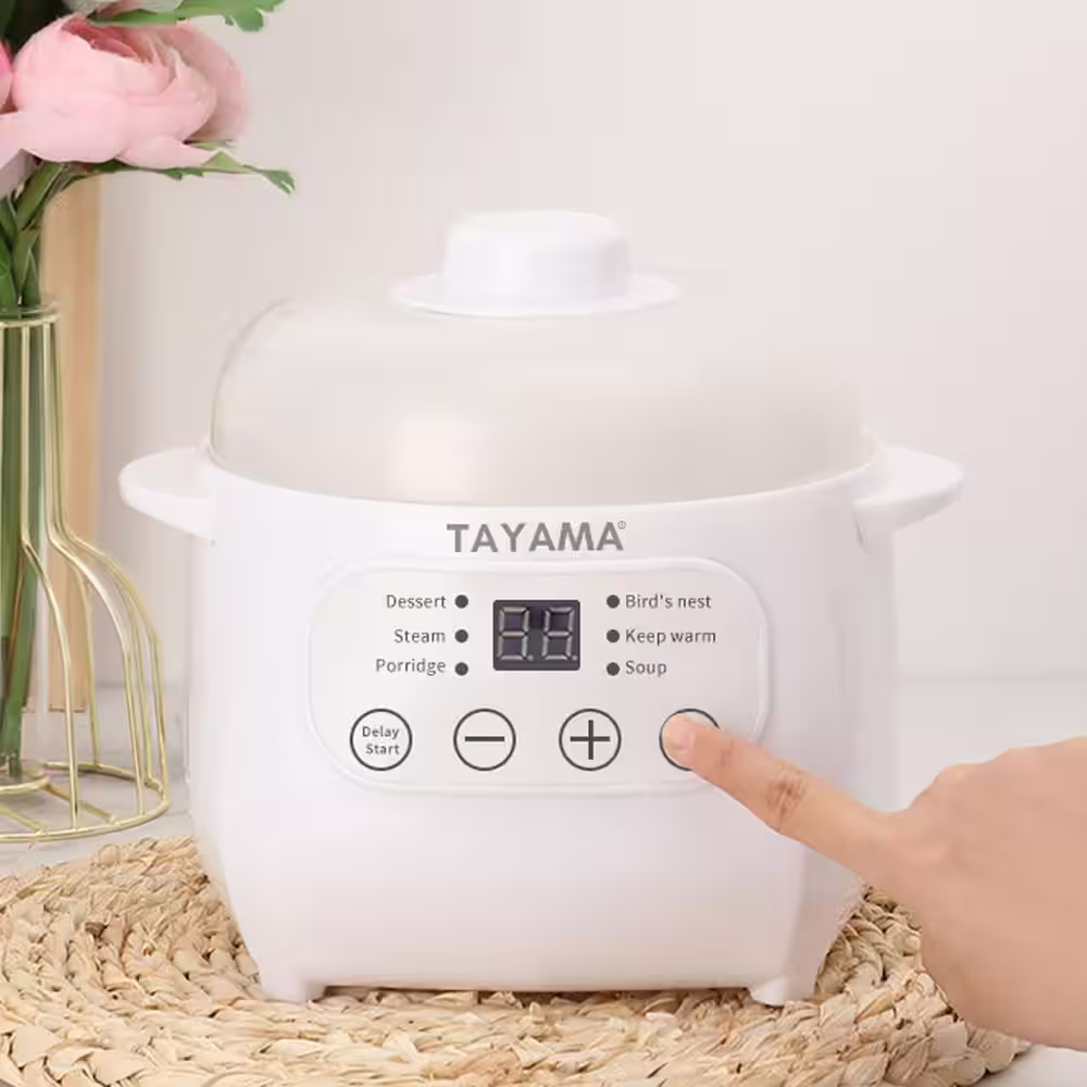 Tayama 1 qt. White Mini Ceramic Stew Slow Cooker with Pre-Settings and Built-In Timer