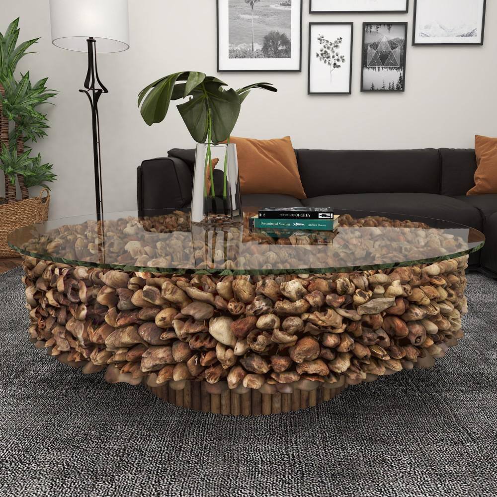 Litton Lane 48 in. Brown Medium Round Driftwood Handmade Collage and Pedestal Base Coffee Table with Tempered Glass Top