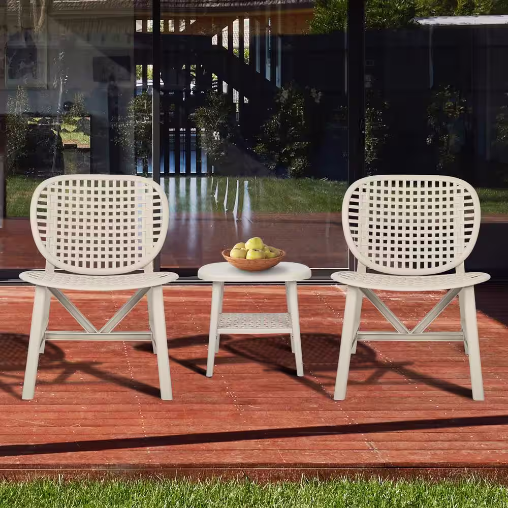 None White 3-Piece Polypropylene Hollow Design Outdoor Bistro Table Chair Set