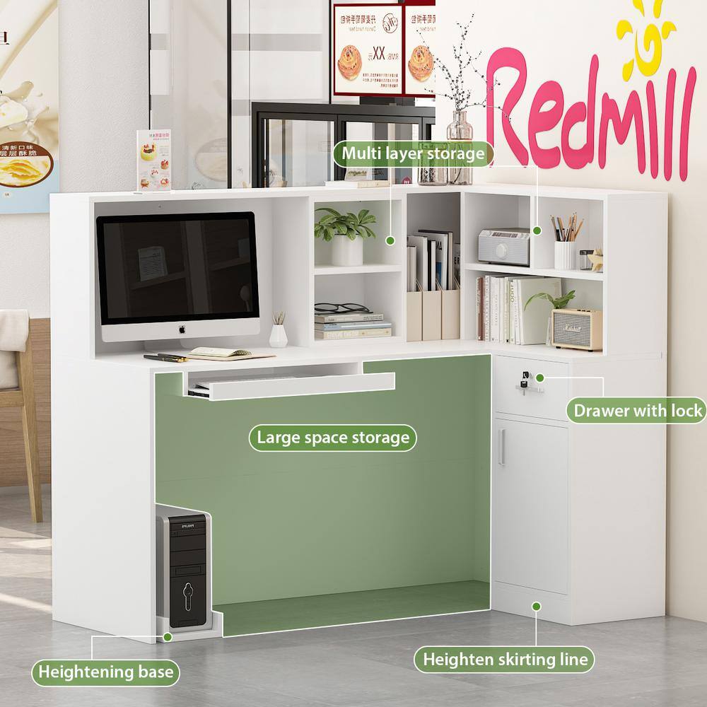 FUFU&GAGA 55.9 in. L Shaped White Wood Executive Desk Reception Desk Computer Writing Desk W/Removable Shelves, Drawer, Cabinet