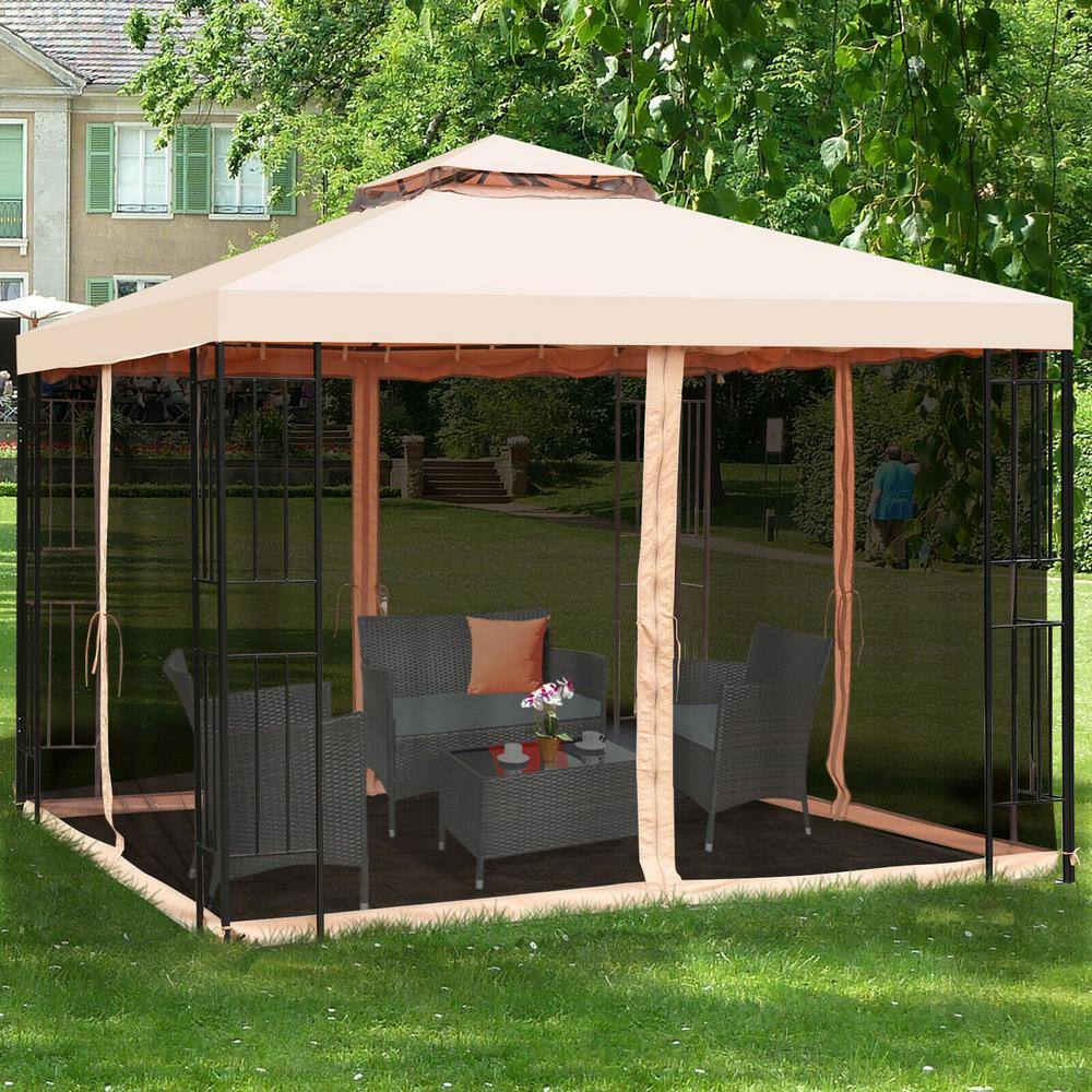 ANGELES HOME 10 ft. x 10 ft. Light Brown 2-Tier Vented Metal Canopy with Mosquito Netting