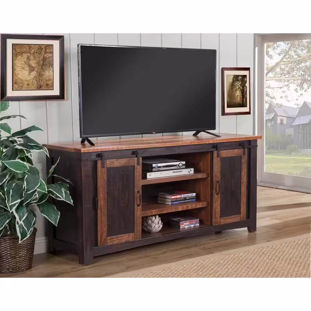 Martin Svensson Home Santa Fe Antique Black and Age Distressed Pine Metal TV Stand Fits TVs Up to 70 in. with Cable Management