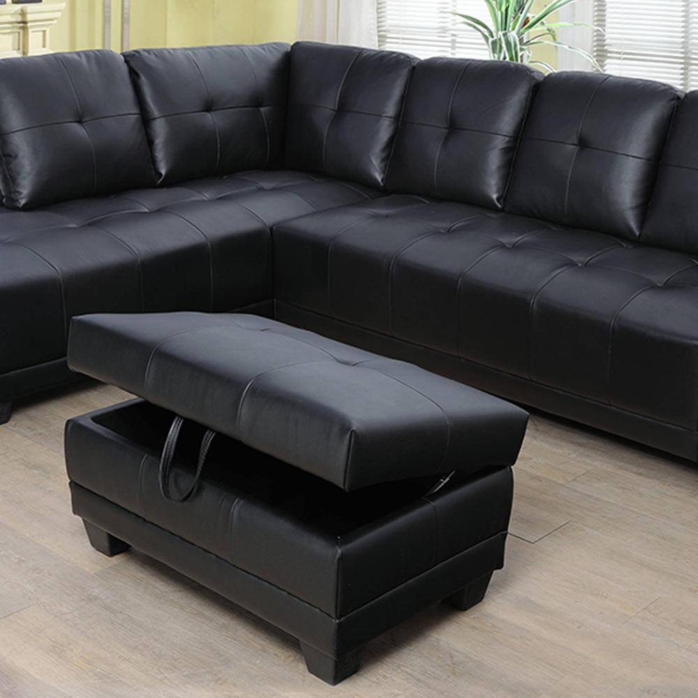 Star Home Living Mike 3-Piece Black Faux Leather 3-Seater L-Shaped Left-Facing Sectional Sofa with Ottoman