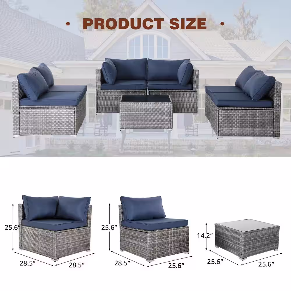None All-Weather 7-Piece Gray PE Wicker Patio Conversation Set with Navy Blue Cushions