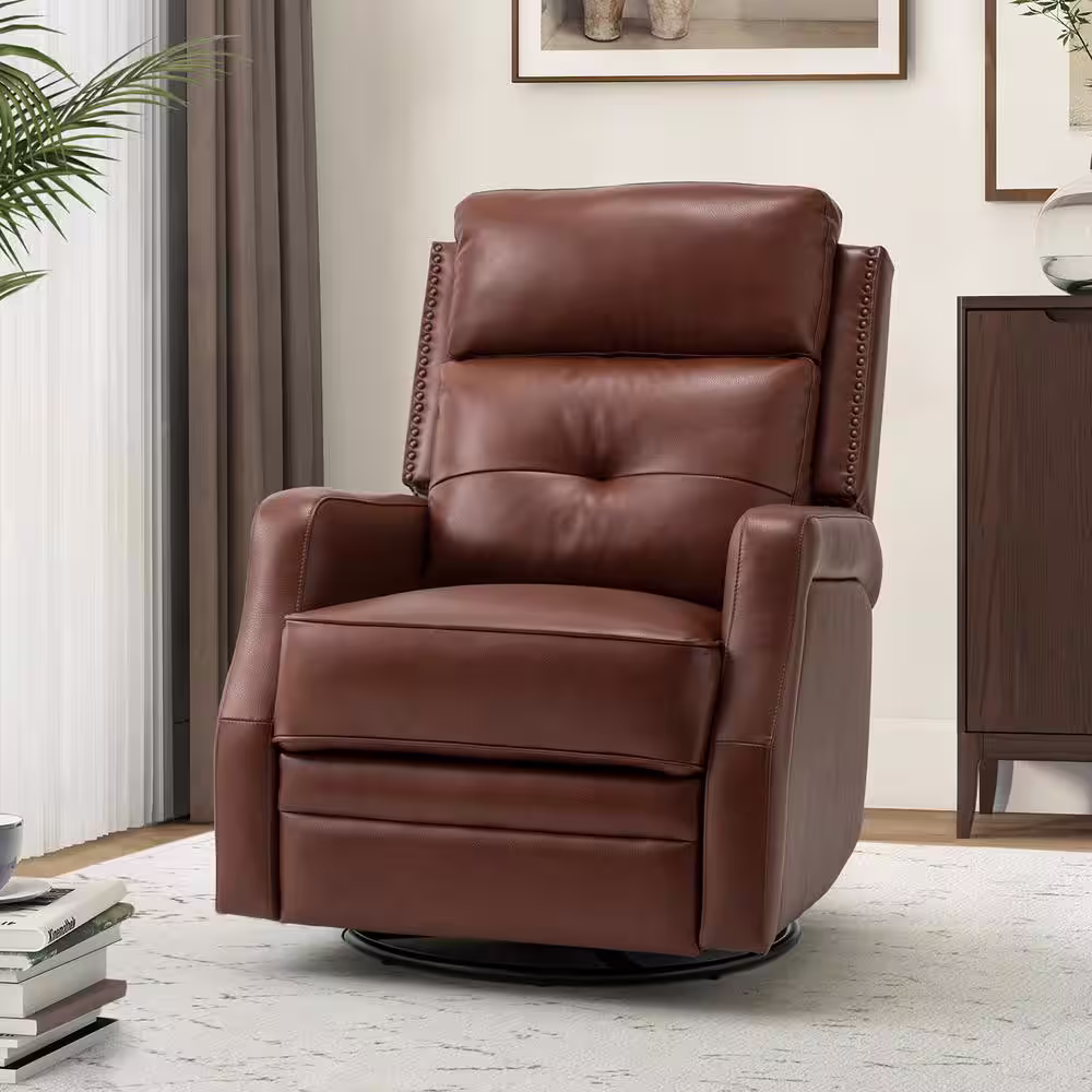 None Ifigenia 28.74 in. Wide Brown Genuine Leather Swivel Rocker Recliner with Tufted Back