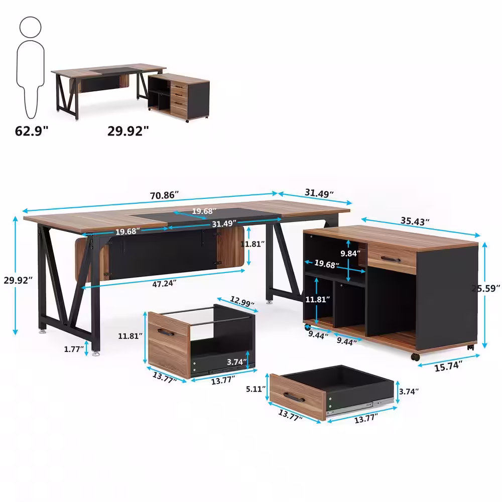 Tribesigns Cassey 70.8 in. Executive Desk with 35.4 in. File Cabinet Combo, L-Shaped Computer Desk Set, Brown