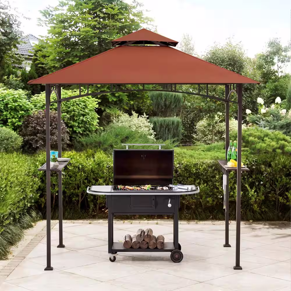 Sunjoy Jonas 5 ft. x 8 ft. Black Steel 2-Tier Grill Gazebo with Red Canopy