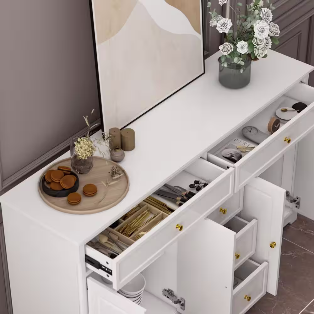 None White Wooden Sideboard with 2 Large Drawers, 3 Small Drawers and 2 Cabinets 59.1 in. W 33.5 in. H x 15.7 in. D
