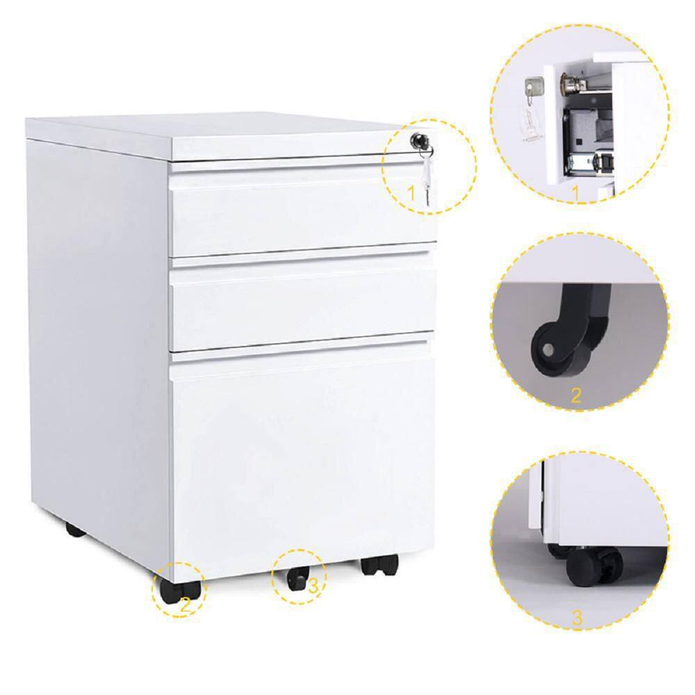 None 3-Drawer White Mobile File Cabinet