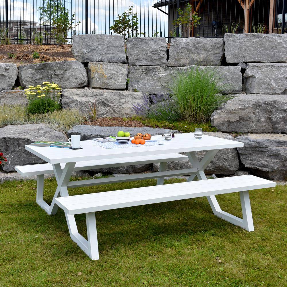 None Banquet White Rectangle Aluminum Picnic Table with Attached Bench Seating