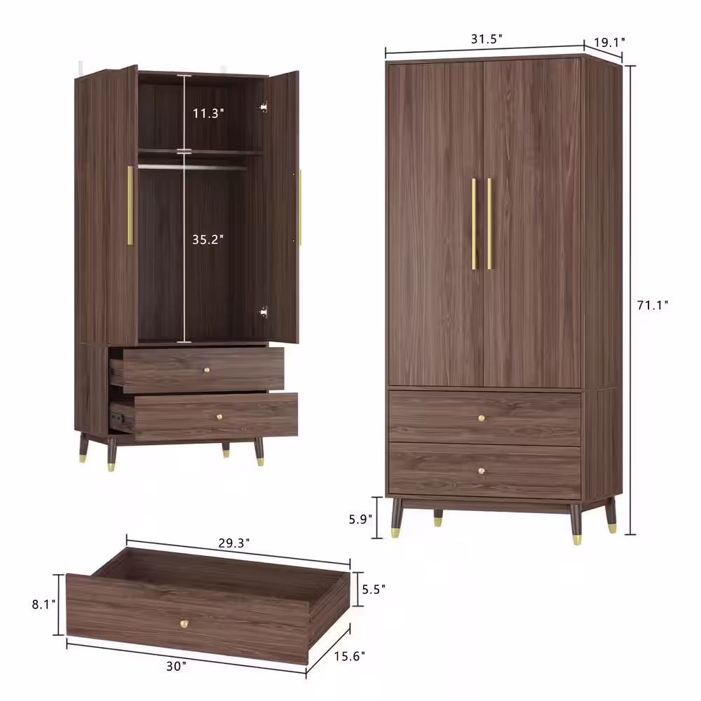 None Brown Armoire with 2-Drawers, Hanging Rod and Gold Metal Handles (71.1 in. H x 19.1 in. W x 31.5 in. D)