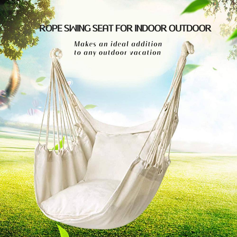 None Hammock Chair Hanging Rope Swing, Max 300 lbs. Hanging Chair with Pocket- Quality Cotton Weave (Beige)