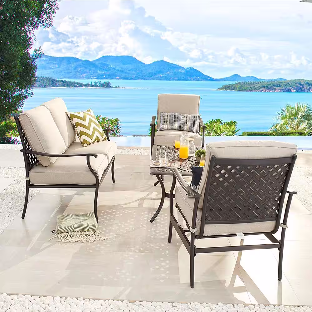 TOP HOME SPACE 4-Piece Metal Patio Conversation Set with Beige Cushions