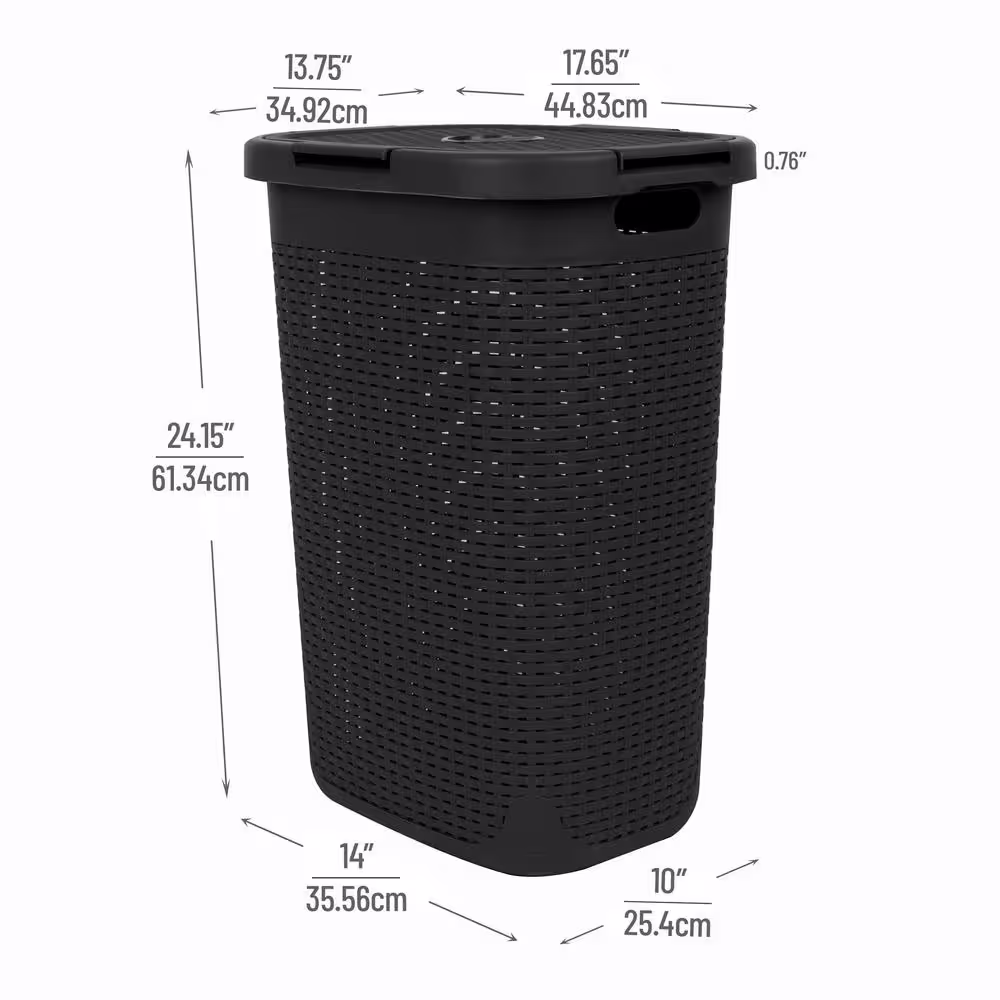 Mind Reader Basket Collection 60 Liter (15kg/33lbs) Capacity Laundry Hamper, Cut Out Handles, Attached Hinged Lid, Black