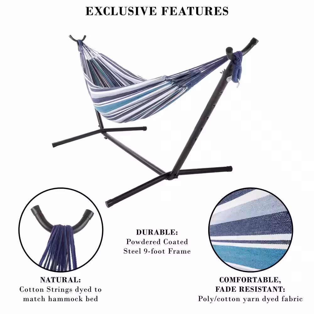 Pure Garden 9 ft. Double Brazilian Cotton Hammock Bed with Stand in Blue Stripes