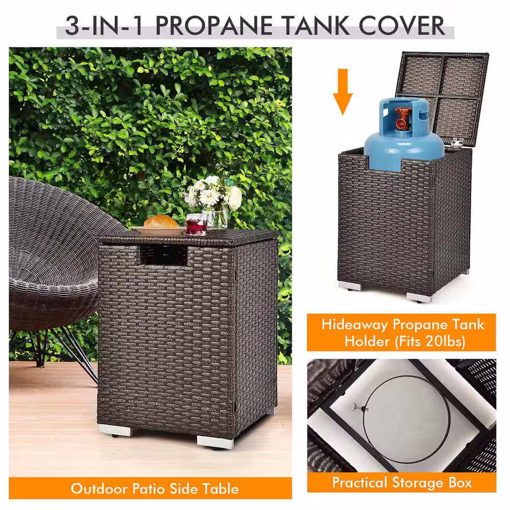 Costway 32 in.x 20 in. Propane Rattan Fire Pit Table Set w/Side Table Tank & Cover 40,000 BTU