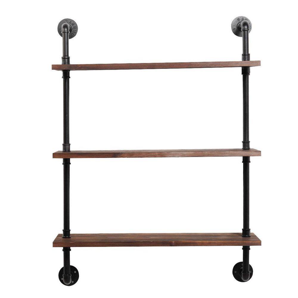 None 3-Tier Rustic Brown Industrial Wall-Mounted Metal Frame Pipe Shelf