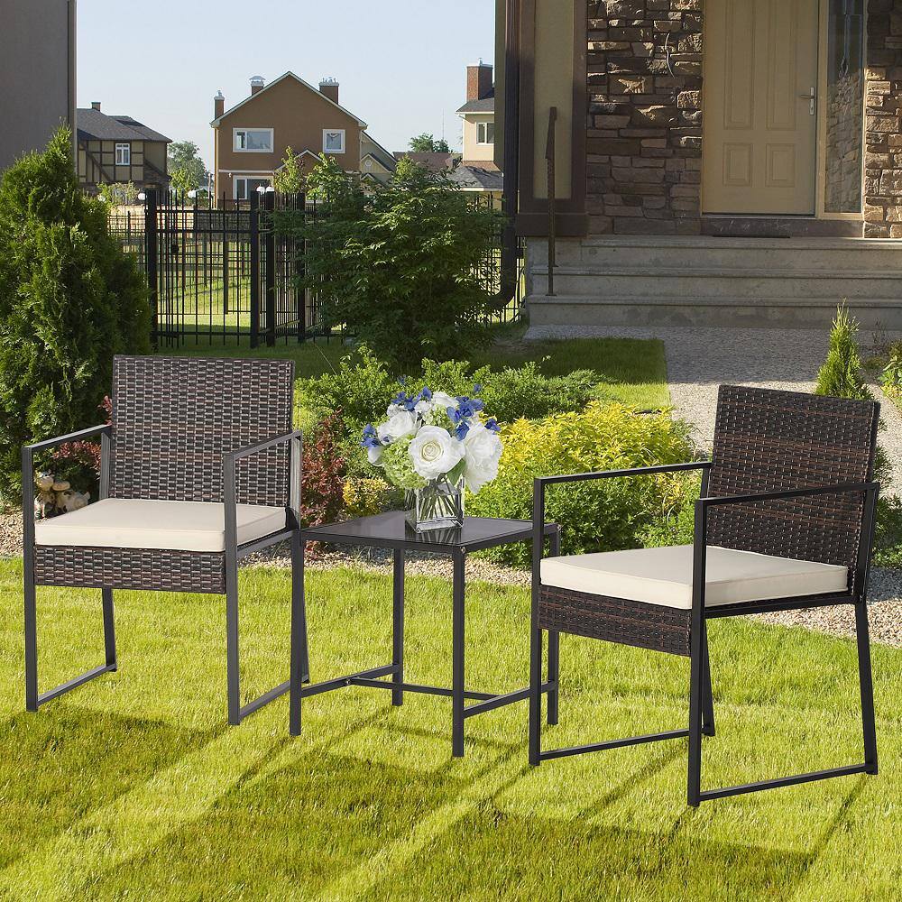 None 3-Piece Wicker Outdoor Bistro Patio Rattan Hand-Woven PE Bistro Set Furniture Set with Table and Off White Cushion