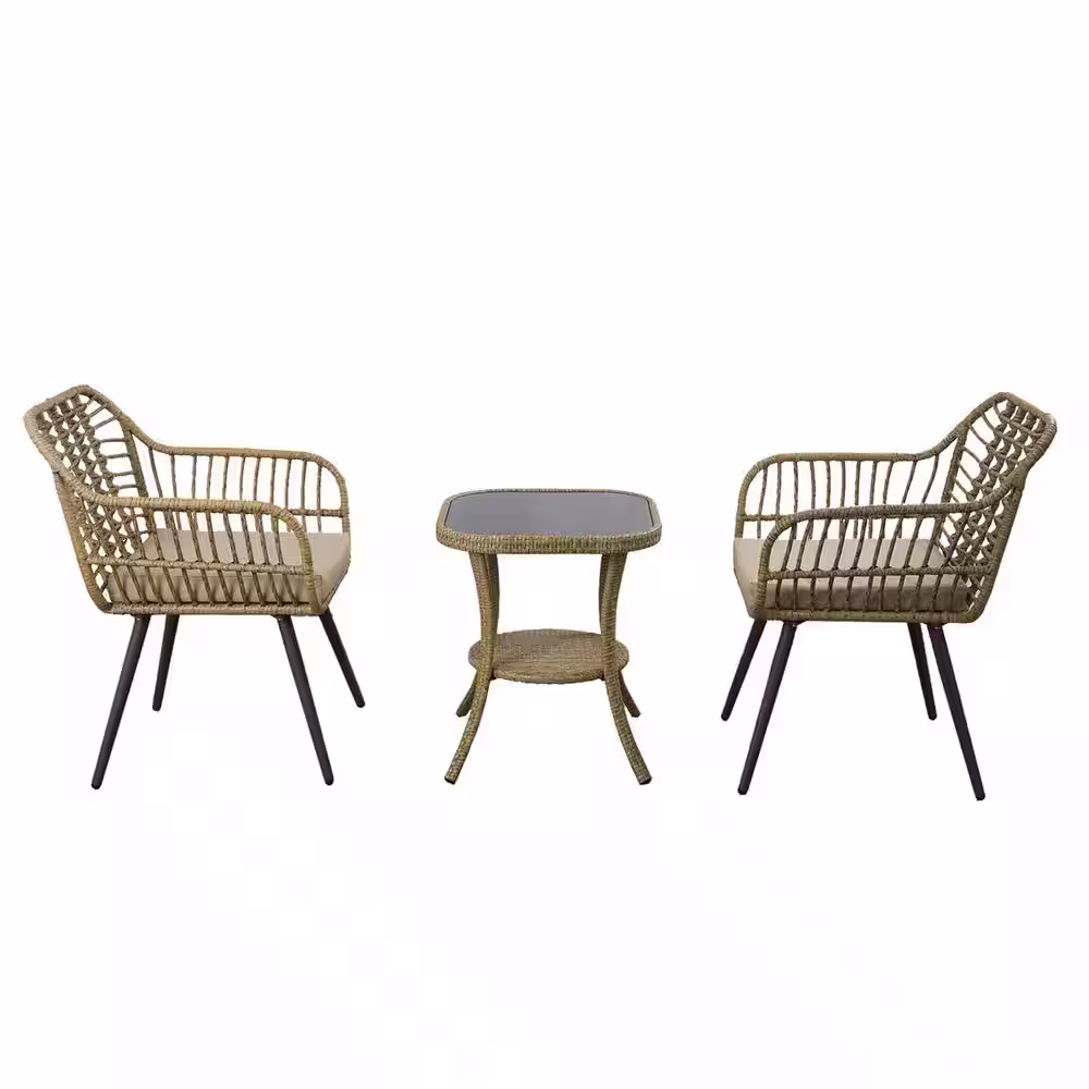 None Patio Furniture Sets, 3 Piece Wicker Outdoor Bistro Sets with Khaki Cushions and Tempered Glass Top Table