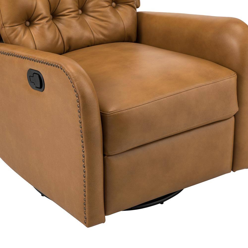 JAYDEN CREATION Herbert Camel Genuine Leather Manual Swivel Recliner Nursery Chair with Nailhead Trims