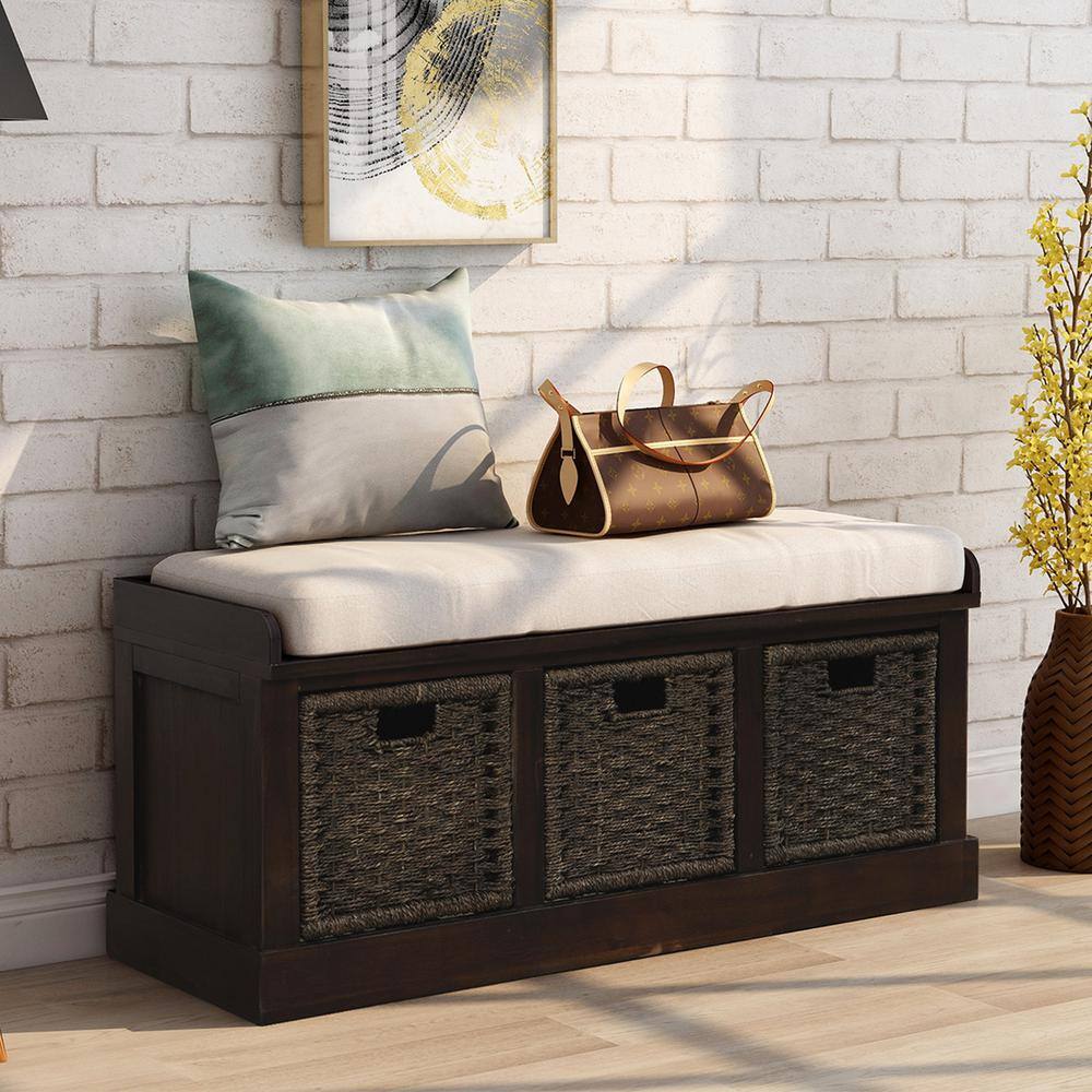 None Espresso Storage Bench 3-Removable Classic Rattan Basket, Entryway Bench with Cushion 43.7 in. L x 15.7 in. W x 17 in. H
