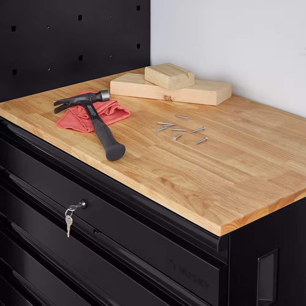 Husky Extra Wide Heavy Duty Welded 18-Gauge Steel 5-Drawer Garage Base Cabinet in Black (32 in. W x 33 in. H x 21.5 in. D)