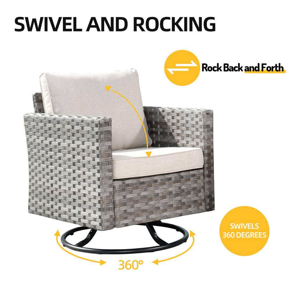 None Marvel Gray 9-Piece Wicker Wide Arm Patio Conversation Set with Beige Cushions and Swivel Rocking Chairs