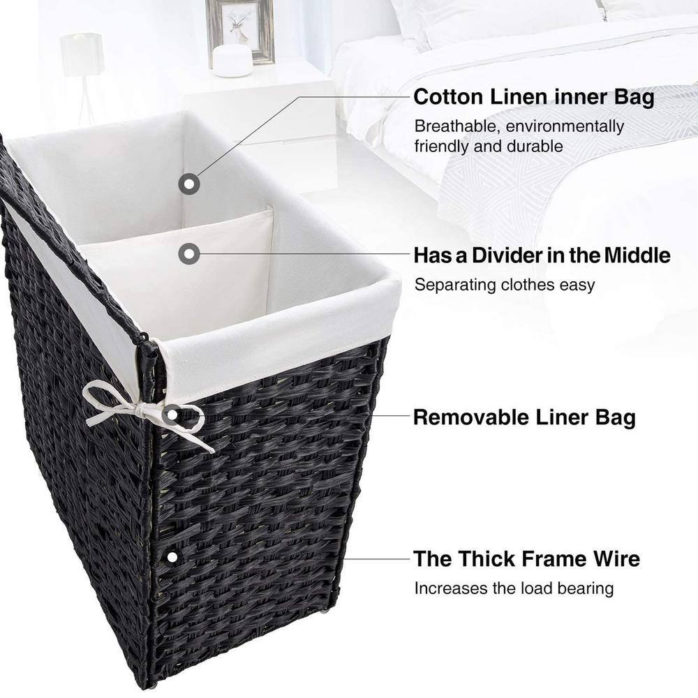 None 110L Rattan Laundry Basket Hamper with 2 Removable Liner Bags Black