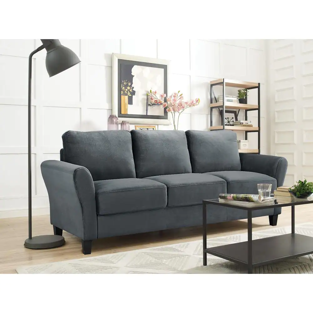 Lifestyle Solutions Wesley 31.5 in. Dark Grey Microfiber 4-Seater Tuxedo Sofa with Round Arms