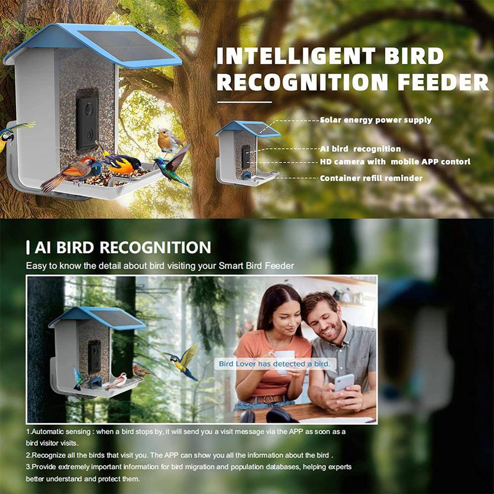 None Smart Bird Feeder with Solar Roof, 1080P HD Camera, AI Identify Bird Species, Wi-Fi Connection (Include 16G SD Card)