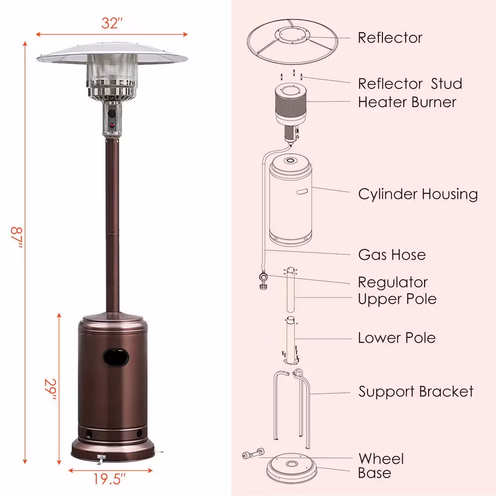 Gymax 48000 BTU Bronze Patio Standing LP Gas Heater Stainless Steel Propane with Wheels