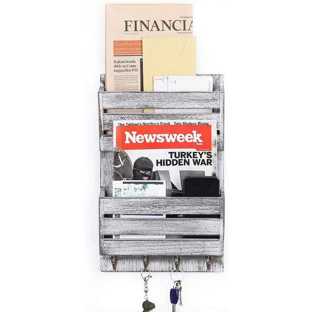 None Rustic White-Gray 2-Slot Mail and Key Holder with 4-Key Hooks