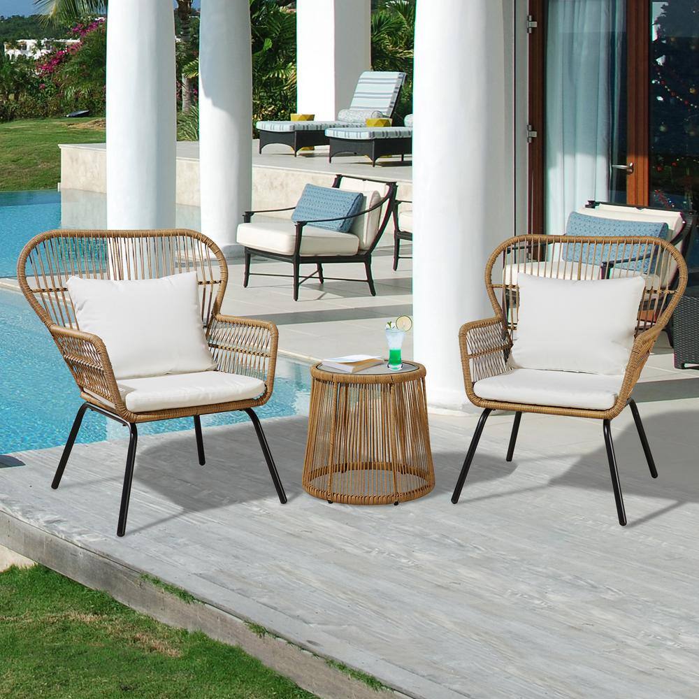 ULAX FURNITURE 3-Piece Wicker Round Outdoor Bistro Set with White Cushions