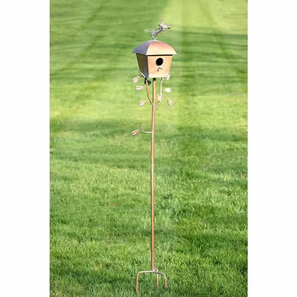 Zaer Ltd. International Antique Copper Iron Birdhouse Stake with Square Roof