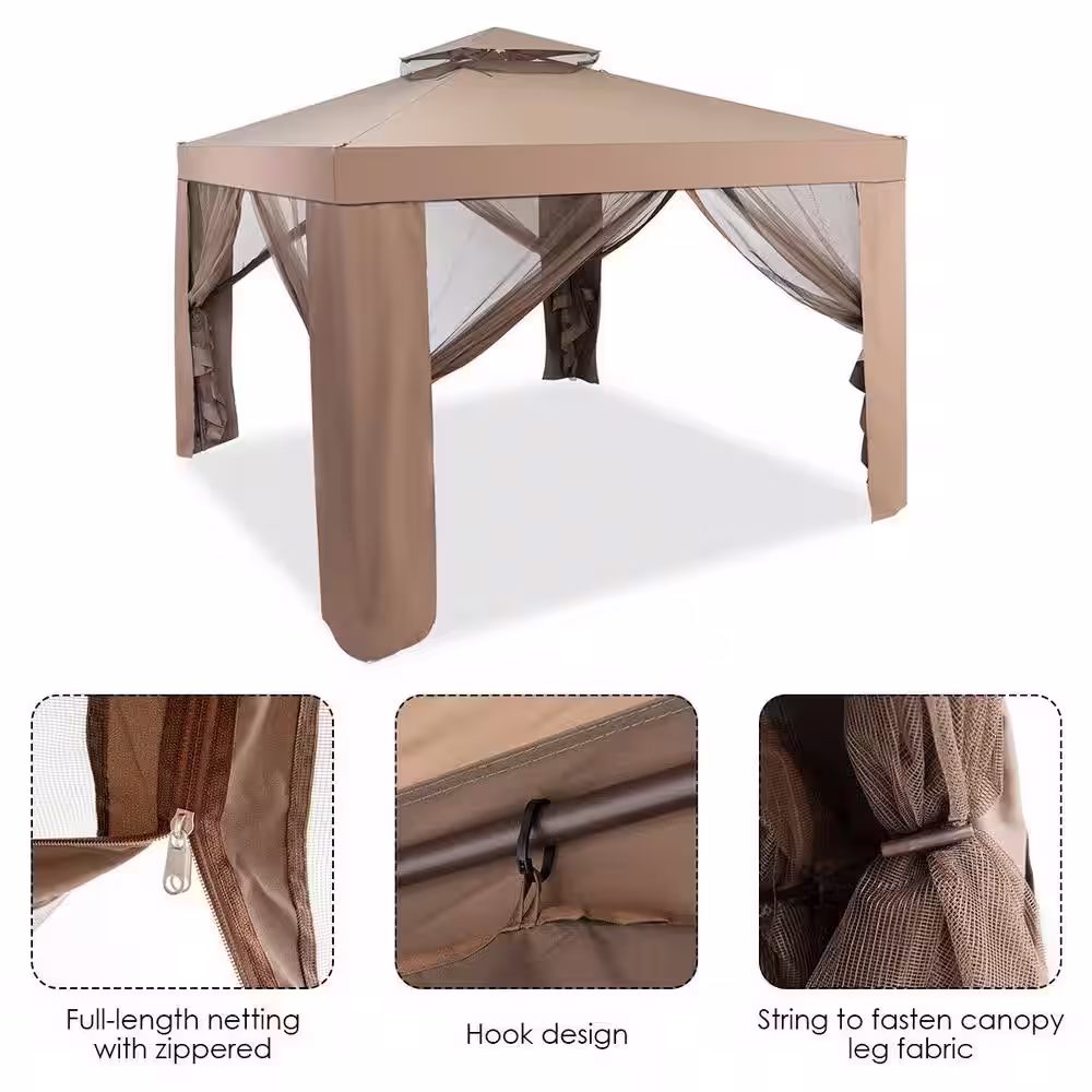 ANGELES HOME 9.8 ft. x 9.8 ft. Brown Metal Frame Gazebo Canopy with Mosquito Mesh
