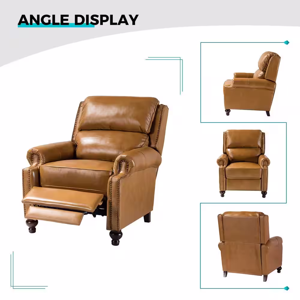 JAYDEN CREATION Elisabete Modern Retro Camel Nail Head Trim Genuine Leather Cigar Recliner with Tapered Birch Wood Legs